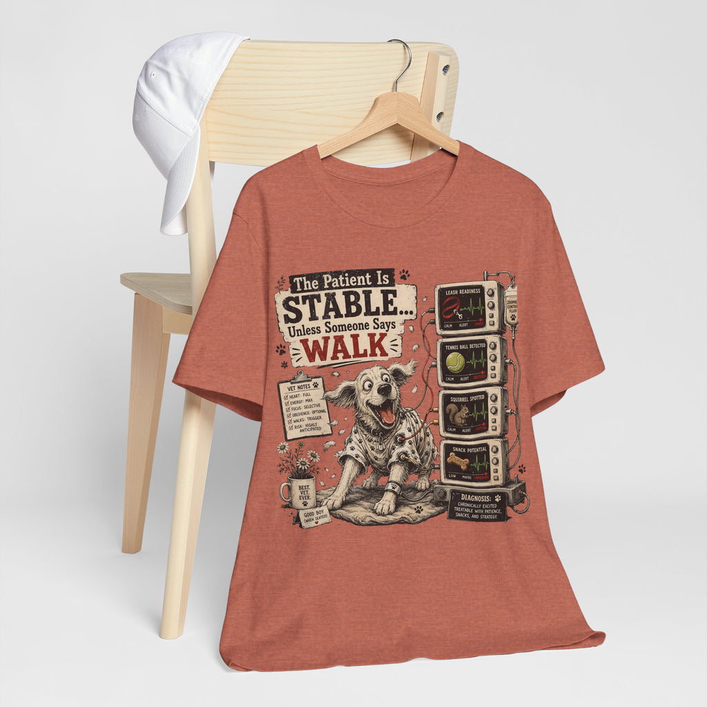 Dog Vet T-Shirt – “The Patient Is Stable… Unless Someone Says WALK” Veterinary Nurse Tee