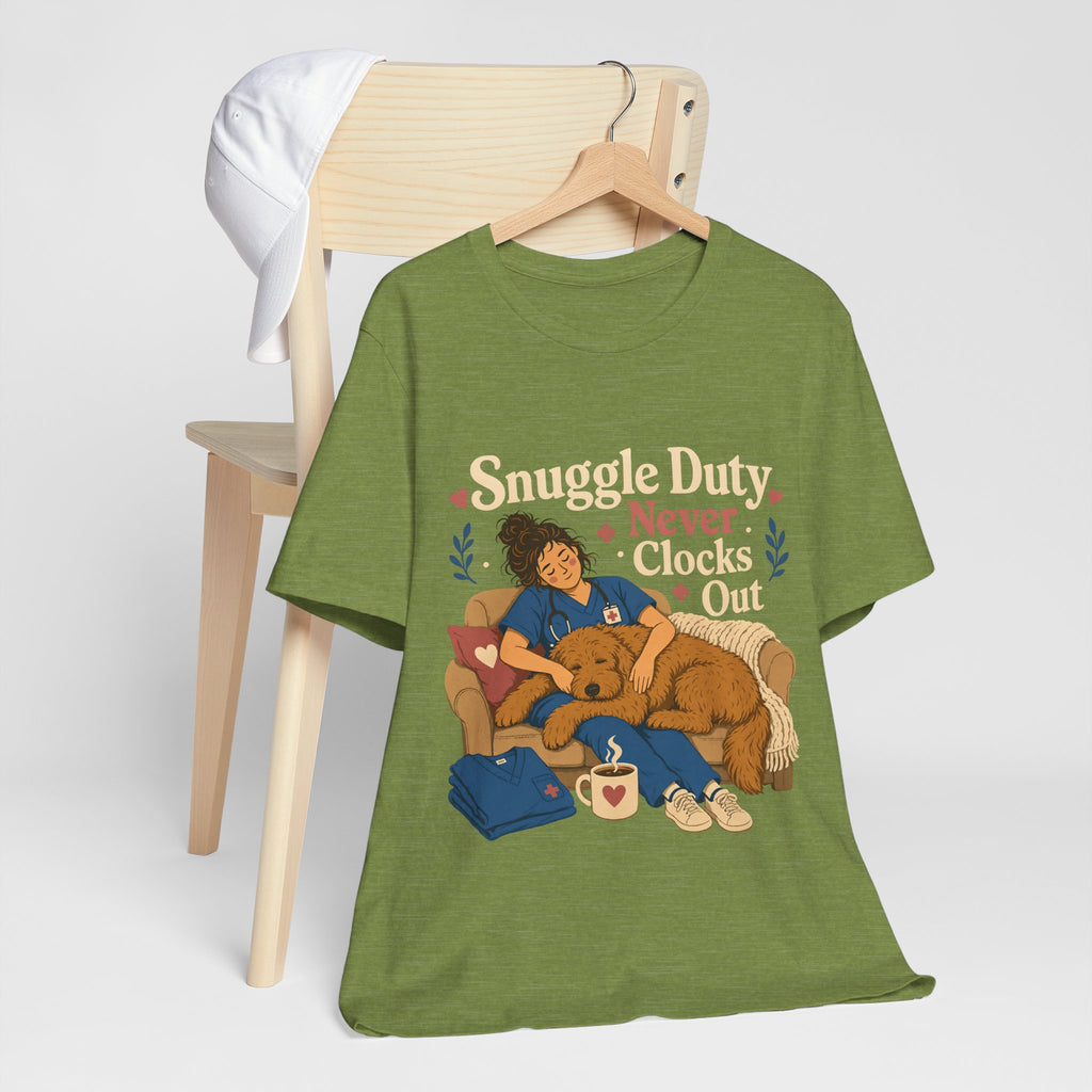 "Snuggle Duty Never Clocks Out" Nurse T-Shirt — Dog Mom Nurse Graphic Tee