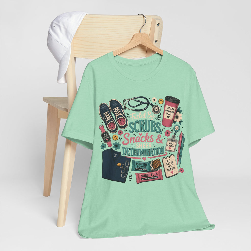 Nurse Life Tee - "Scrubs, Snacks & Determination" Graphic Shirt for Healthcare Workers