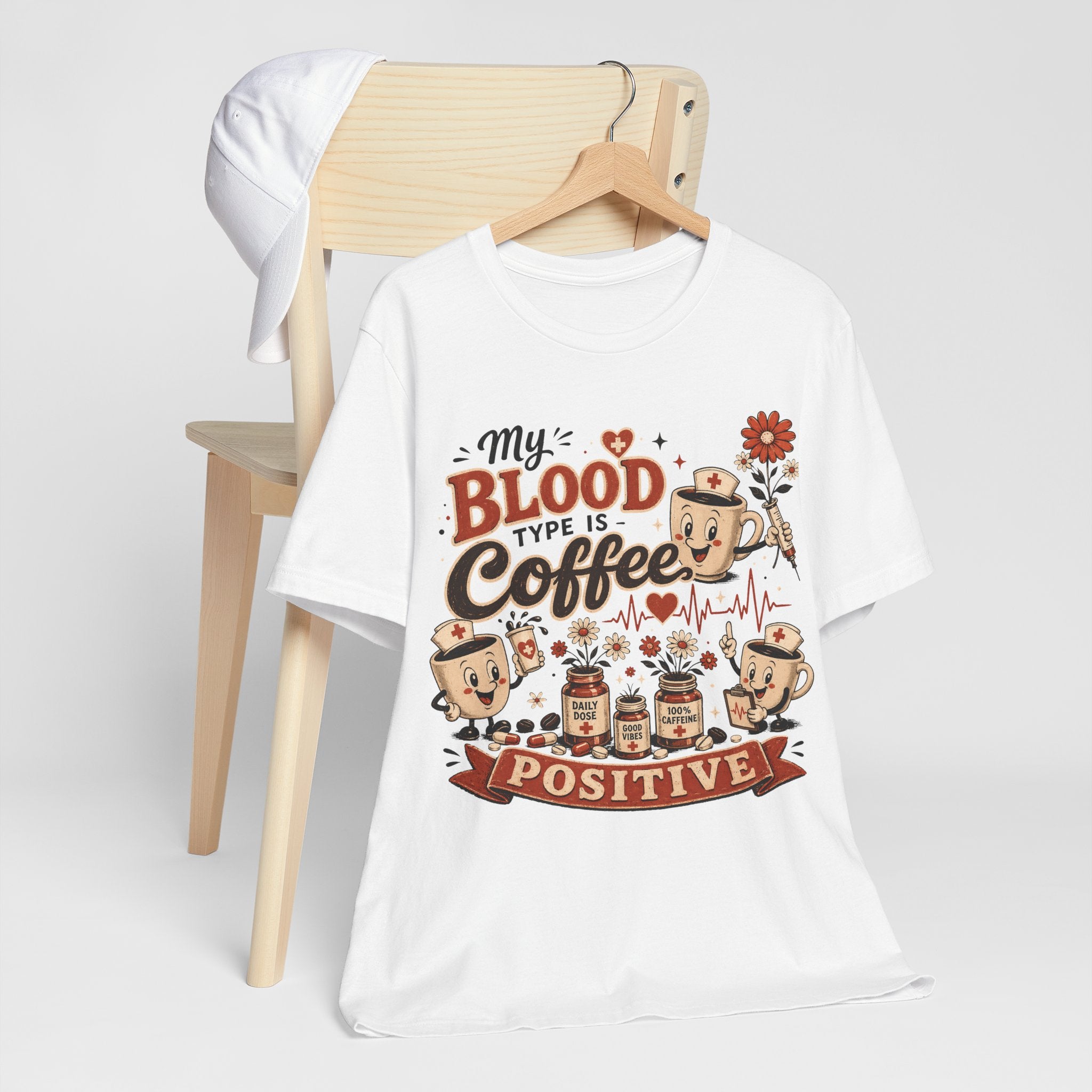 Coffee T-Shirt — "My Blood Type Is Coffee Positive" Cute Vintage Coffee Mug Tee