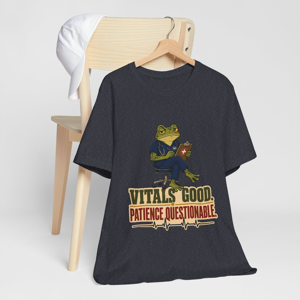 "Vitals Good, Patience Questionable." Nurse T-Shirt — Funny Nurse Graphic Tee