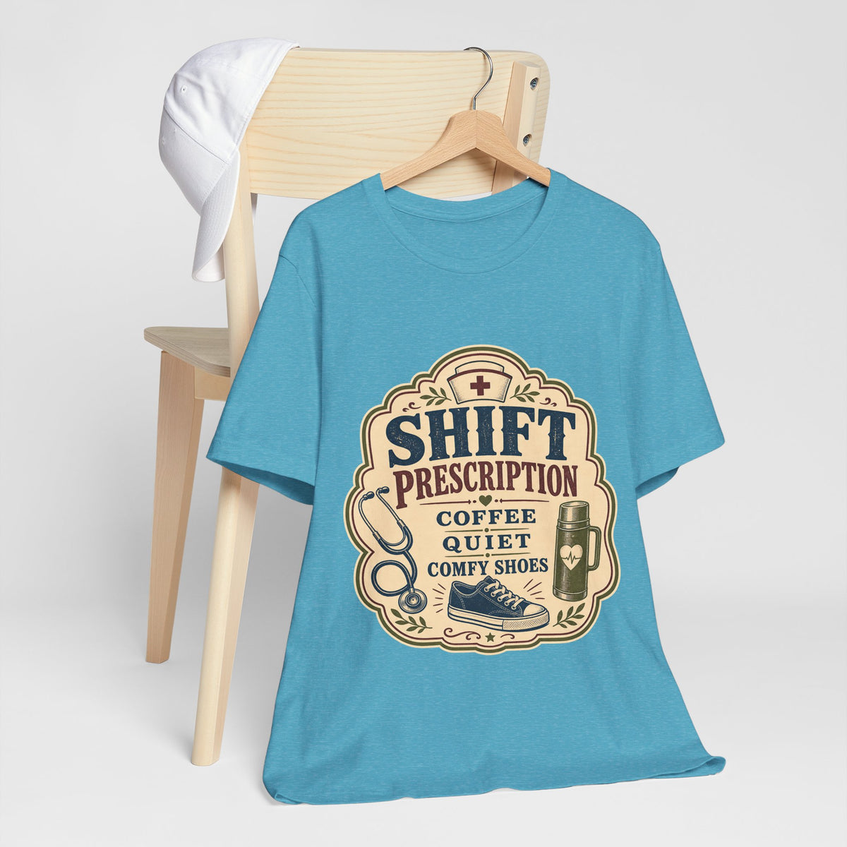 "Shift Prescription: Coffee, Quiet, Comfy Shoes" — Retro Nurse T-Shirt