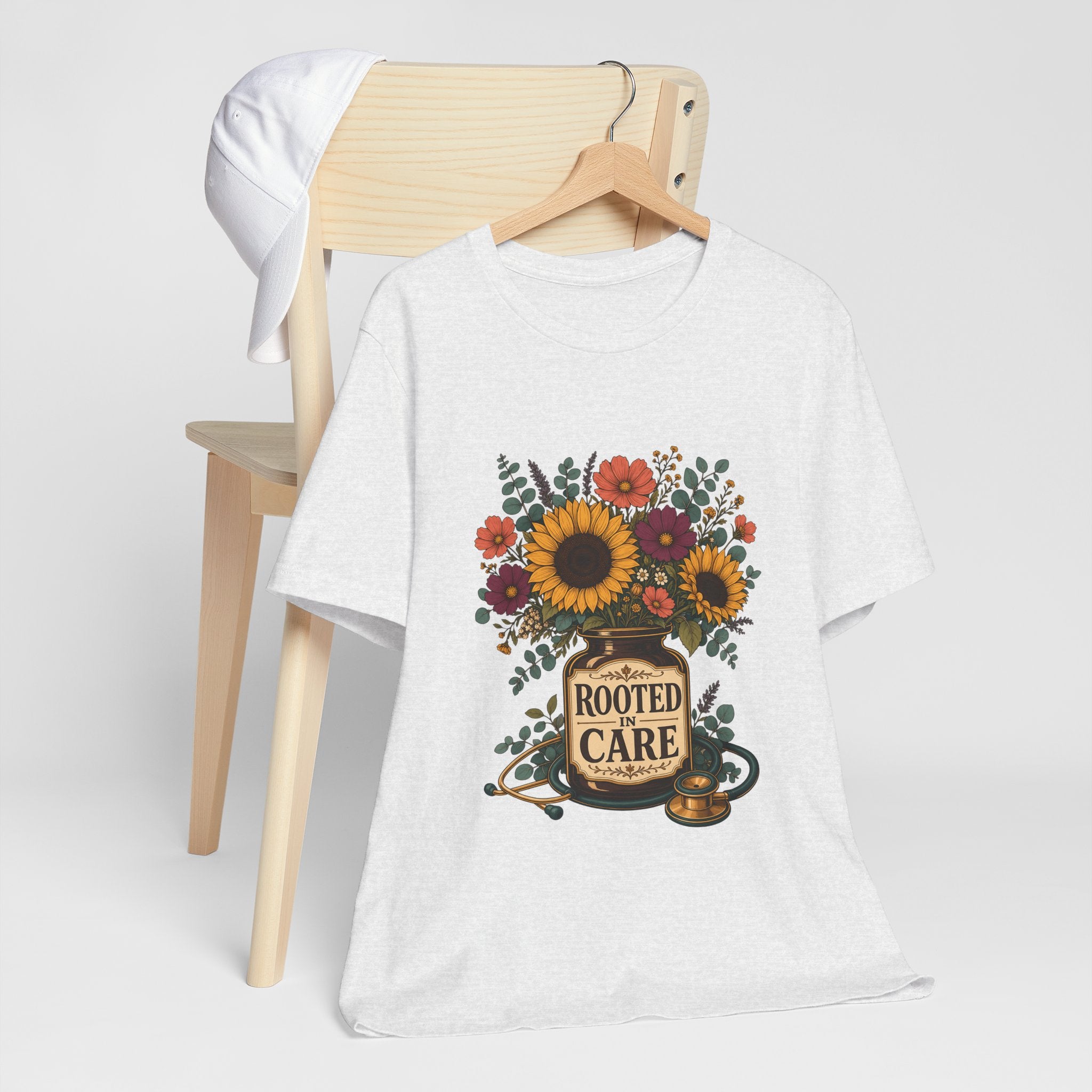 "Rooted In Care" Nurse T-Shirt — Floral Mason Jar Nurse Graphic Tee