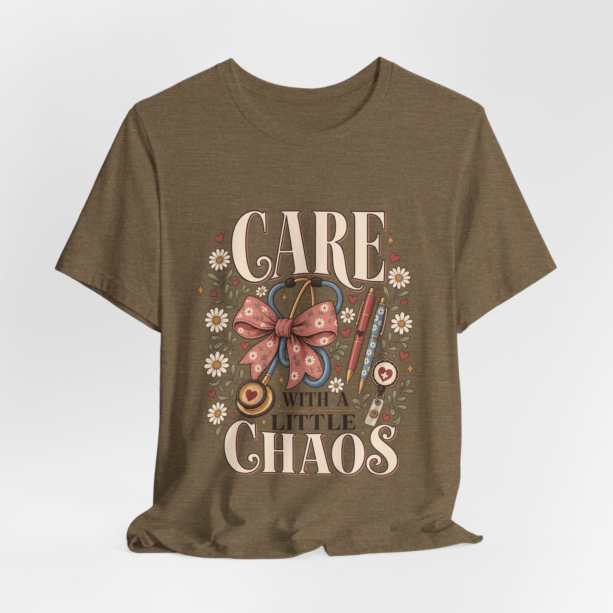 "Care With A Little Chaos" Coquette Nurse T-Shirt — Cute Nurse Graphic Tee