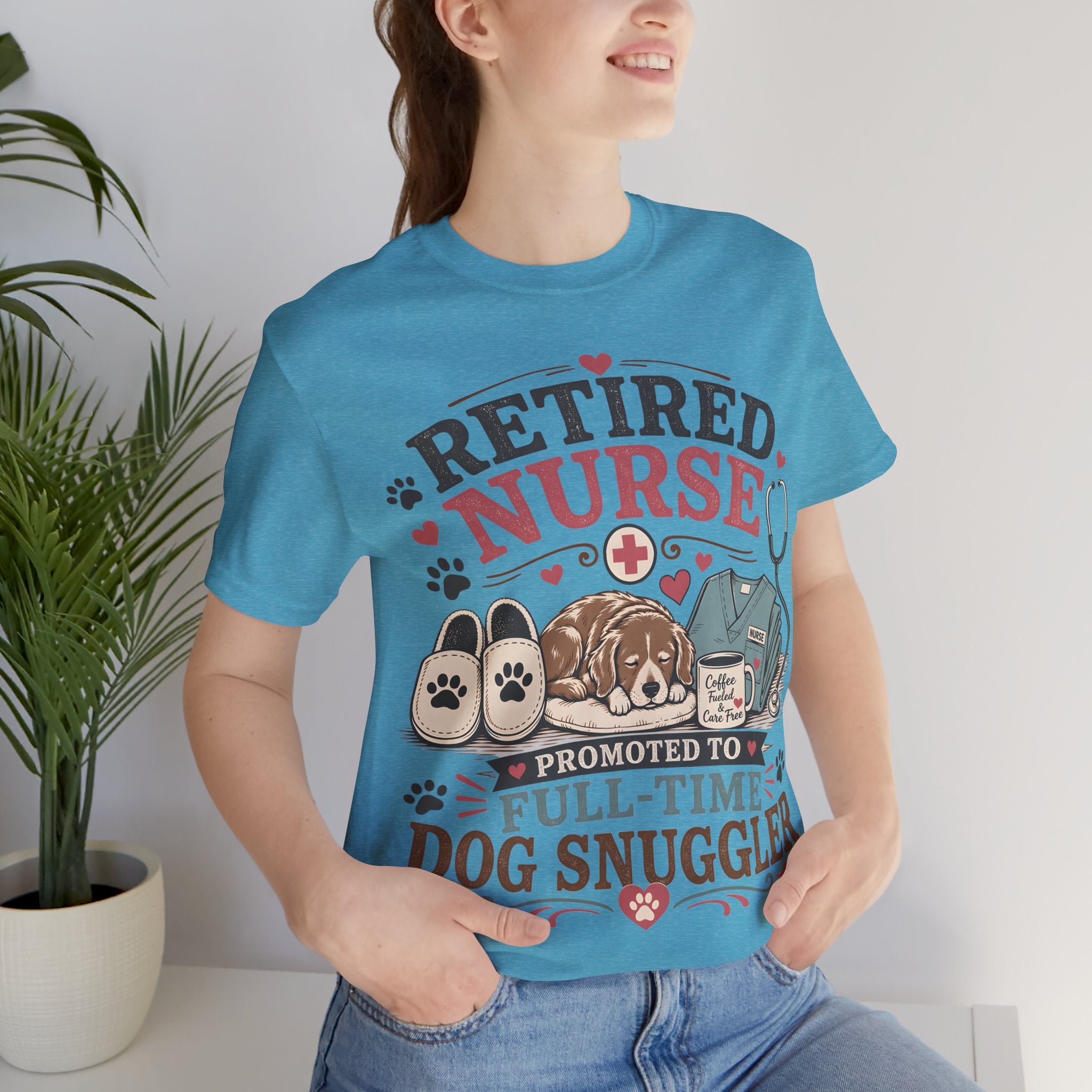 Retired Nurse T-Shirt — "Promoted to Full-Time Dog Snuggler" Cute Nursing & Pet Lover Tee