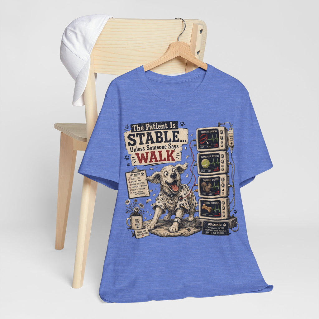 Dog Vet T-Shirt – “The Patient Is Stable… Unless Someone Says WALK” Veterinary Nurse Tee