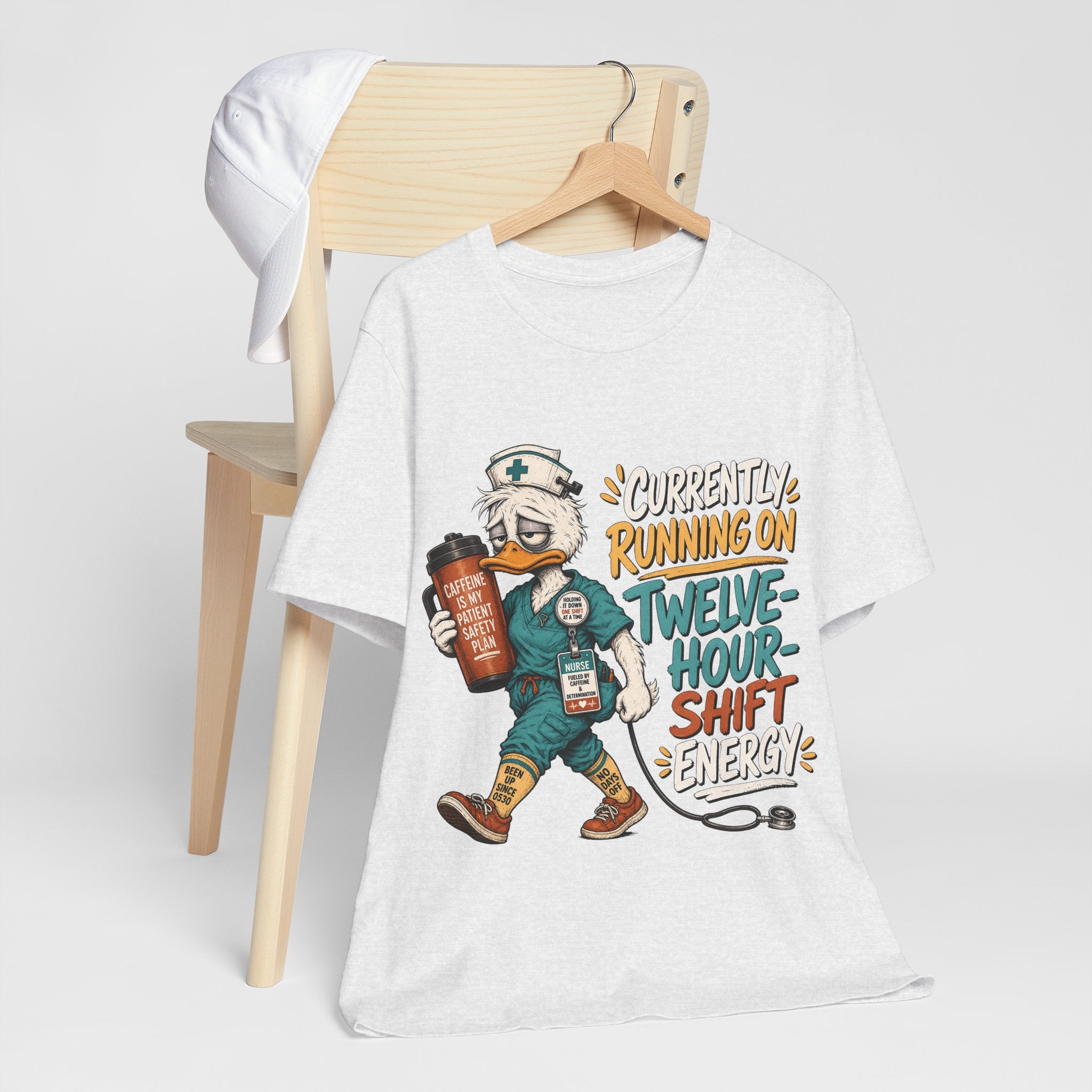 "Currently Running On Twelve-Hour Shift Energy" Nurse T-Shirt — Funny Nurse Graphic Tee