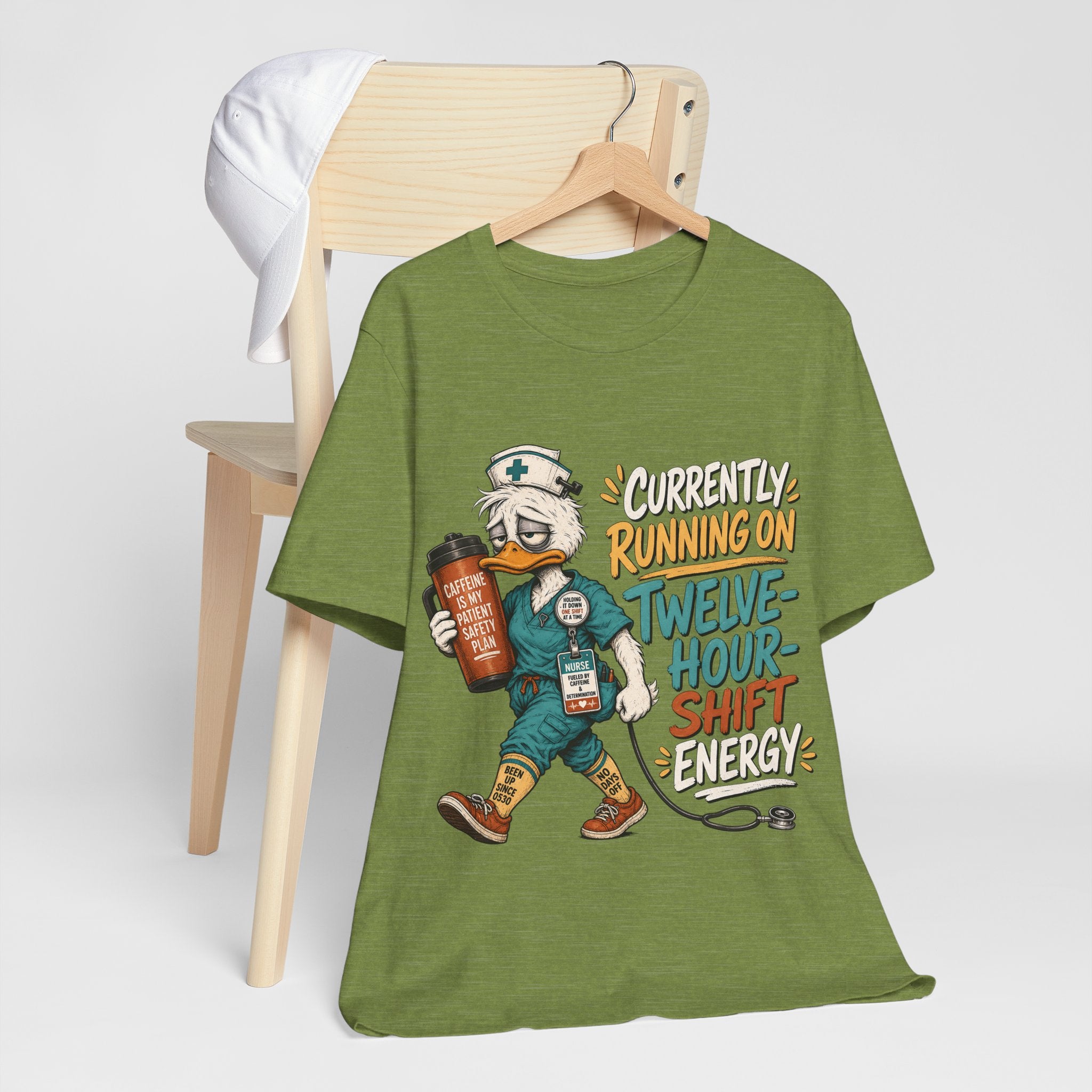 "Currently Running On Twelve-Hour Shift Energy" Nurse T-Shirt — Funny Nurse Graphic Tee