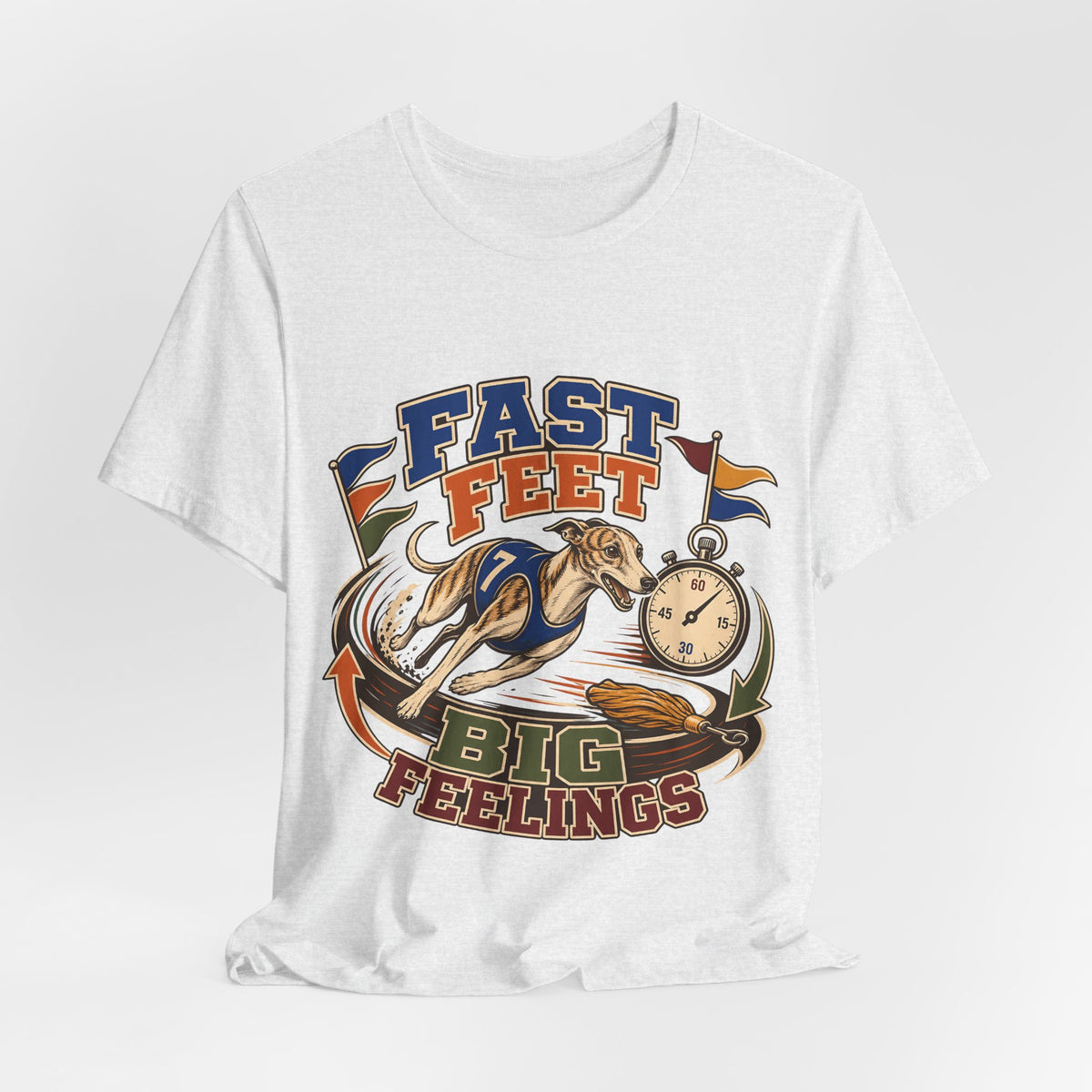 "Fast Feet Big Feelings" T-Shirt — Sporty Vintage Whippet Graphic Tee