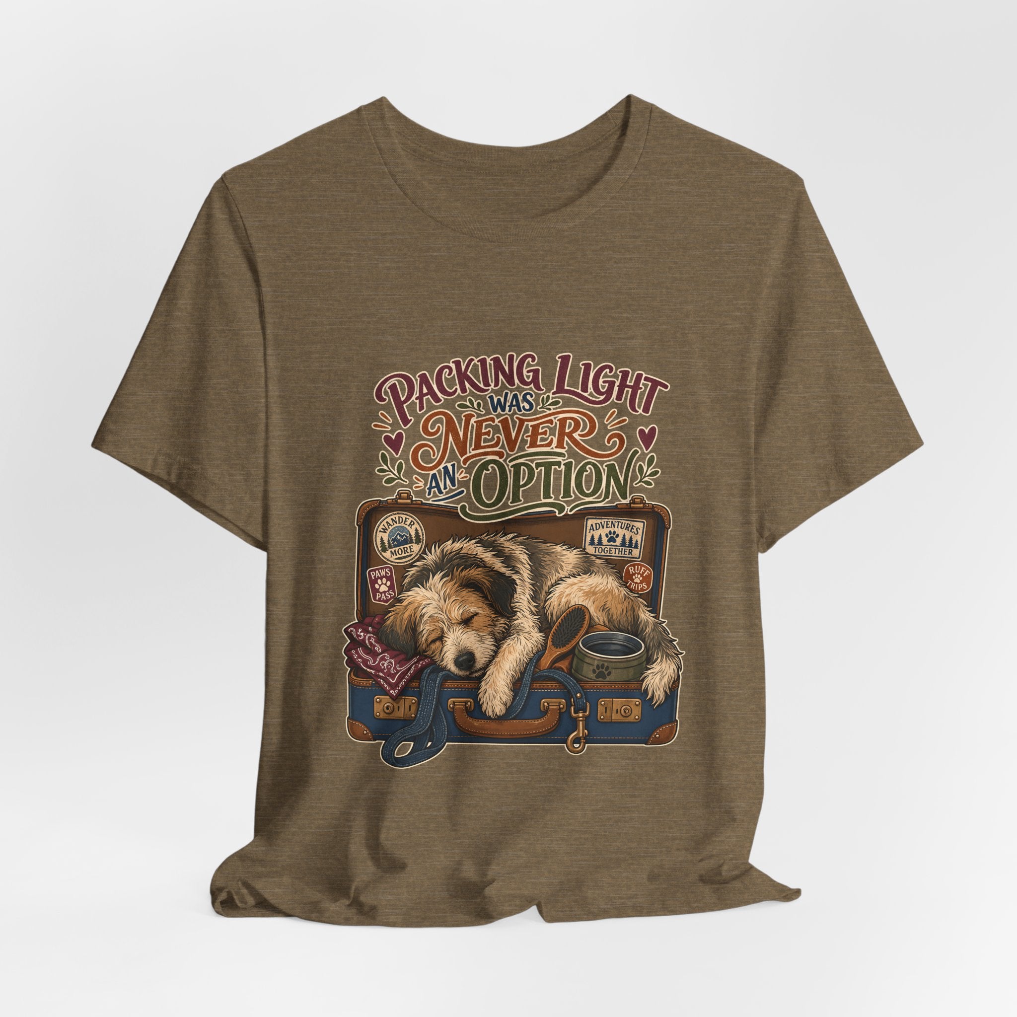 "Packing Light Was Never An Option" T-Shirt — Whimsical Travel Dog Graphic Tee