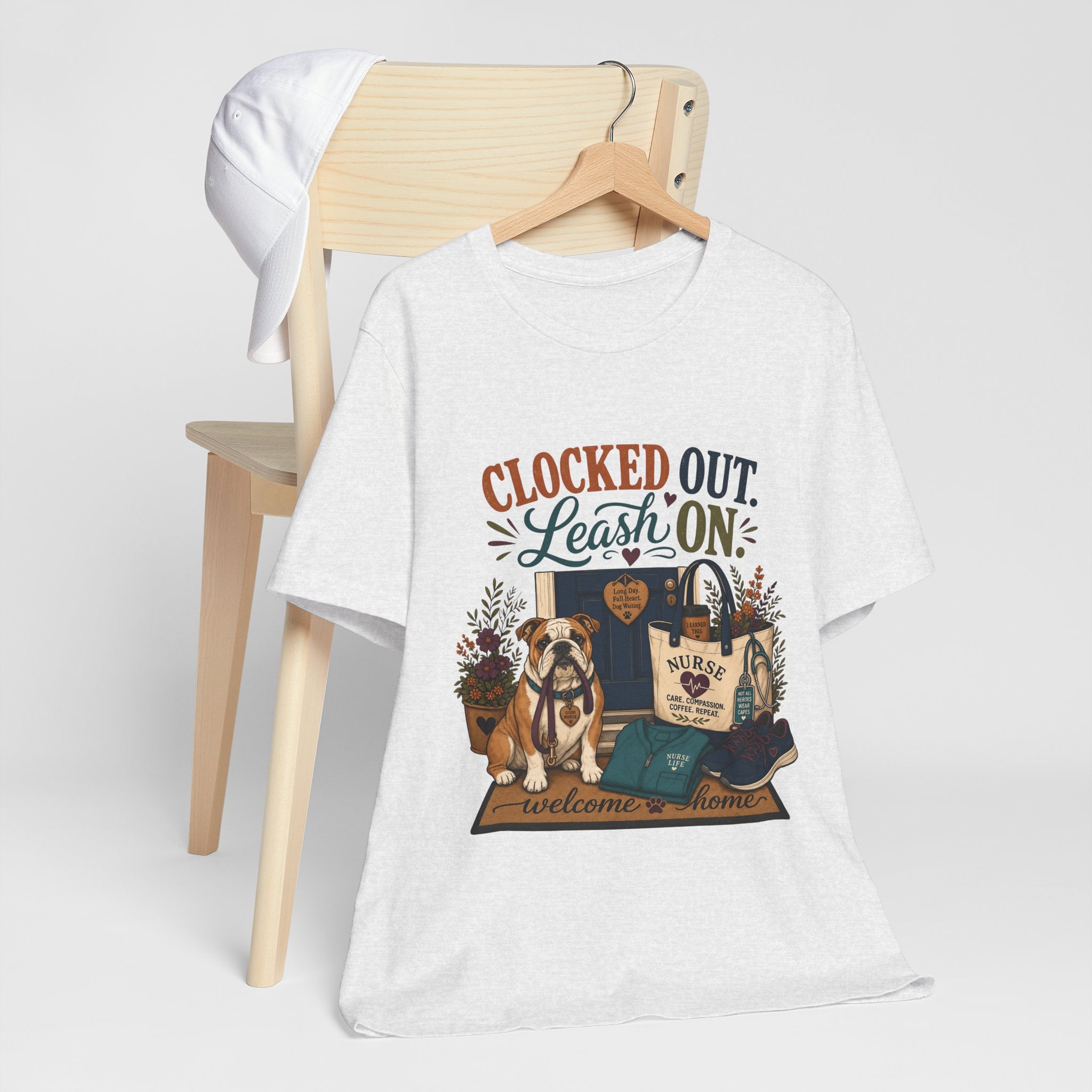 "Clocked Out. Leash On." T-Shirt — Warm Crossover Nurse Dog Lover Graphic Tee