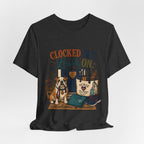 "Clocked Out. Leash On." T-Shirt — Warm Crossover Nurse Dog Lover Graphic Tee