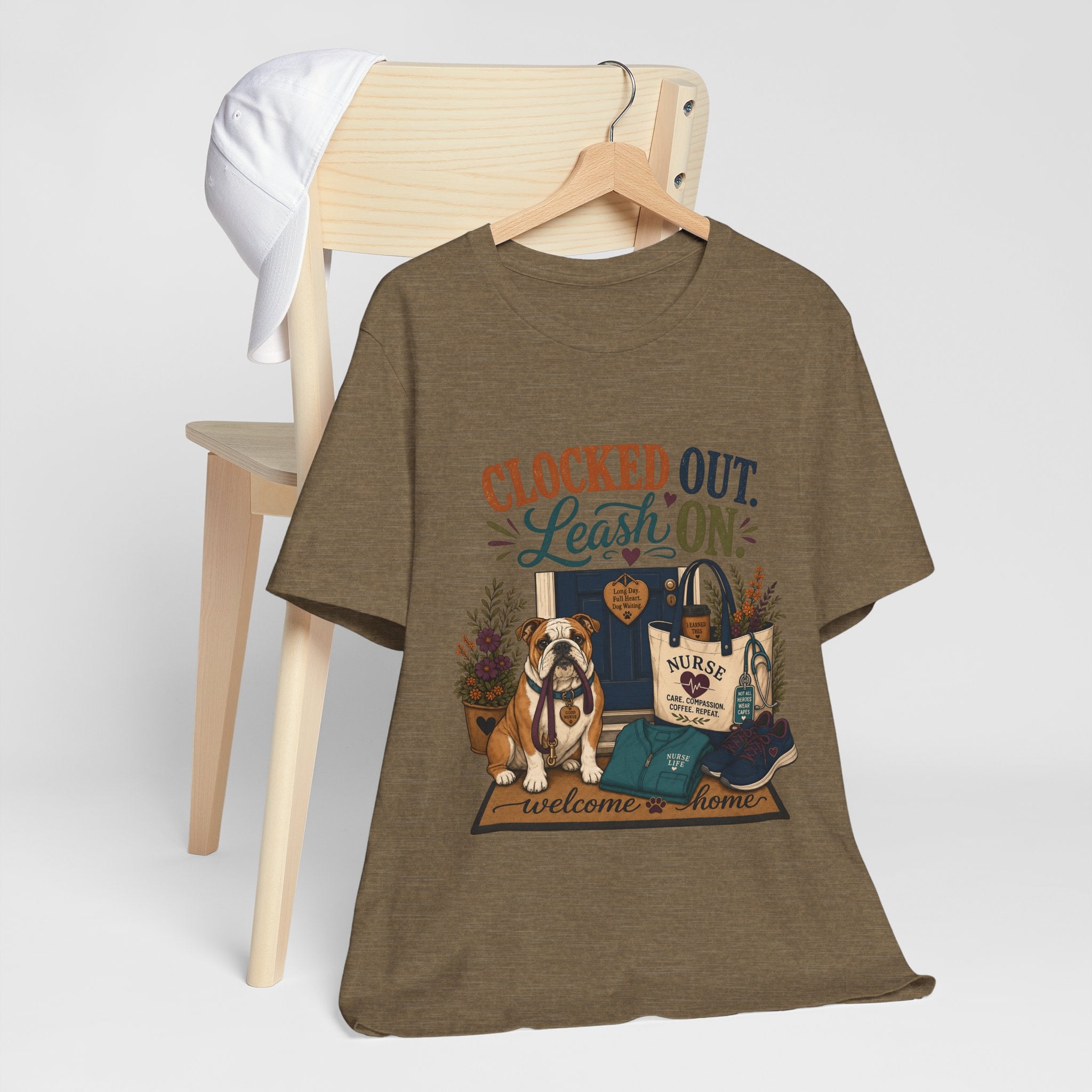 "Clocked Out. Leash On." T-Shirt — Warm Crossover Nurse Dog Lover Graphic Tee