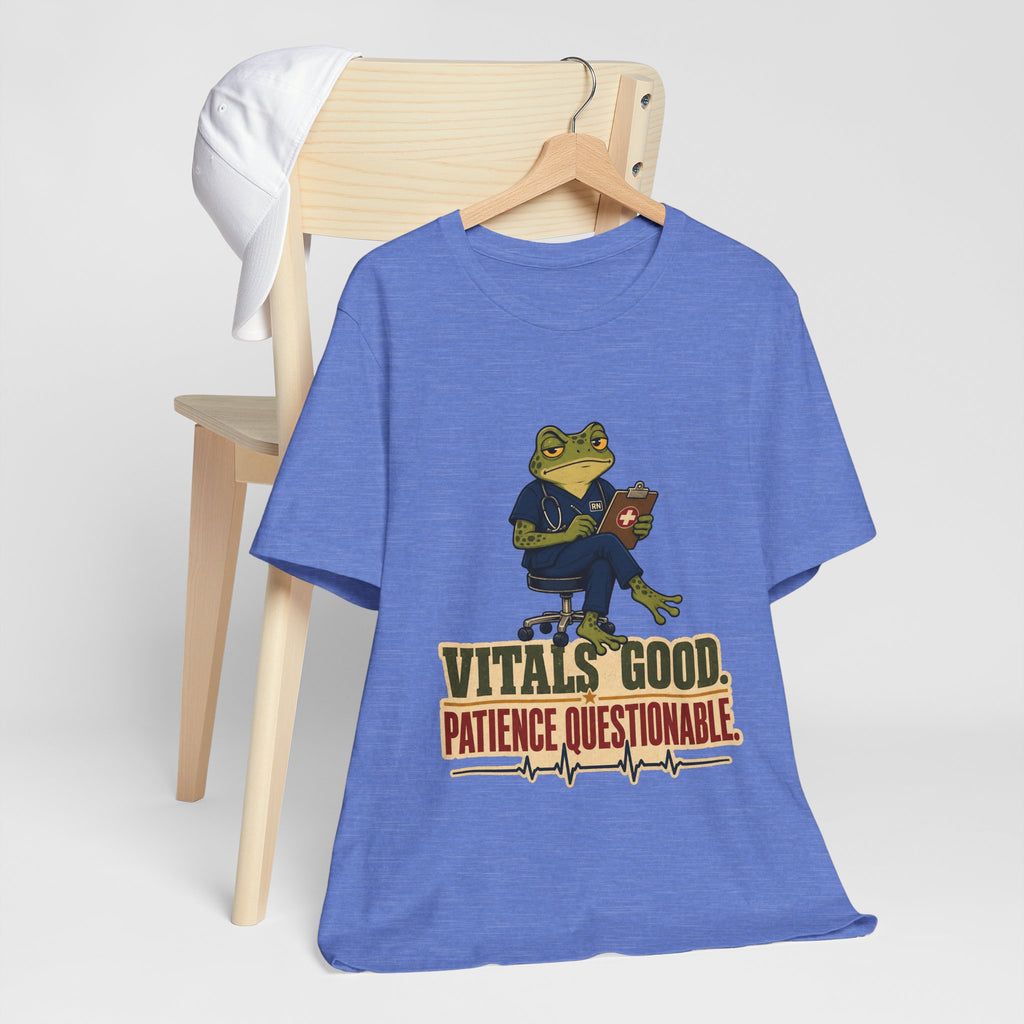 "Vitals Good, Patience Questionable." Nurse T-Shirt — Funny Nurse Graphic Tee