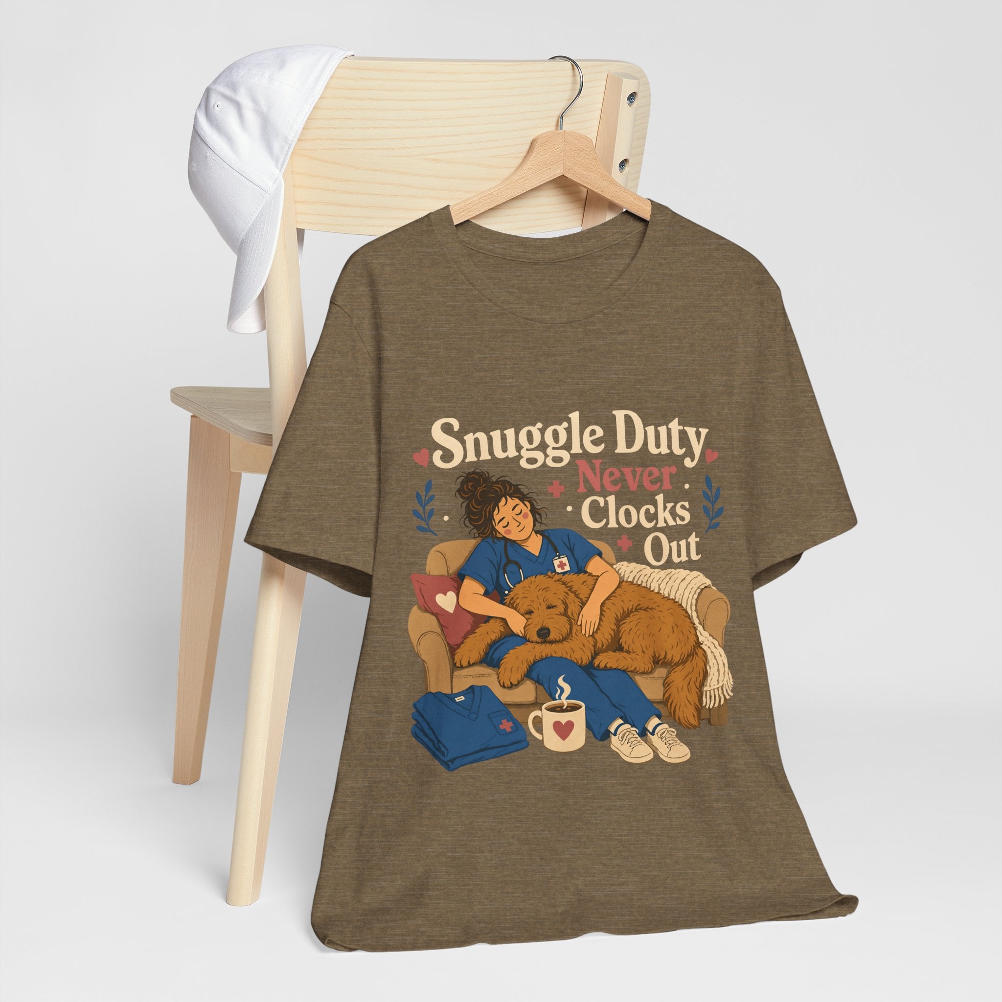 "Snuggle Duty Never Clocks Out" Nurse T-Shirt — Dog Mom Nurse Graphic Tee
