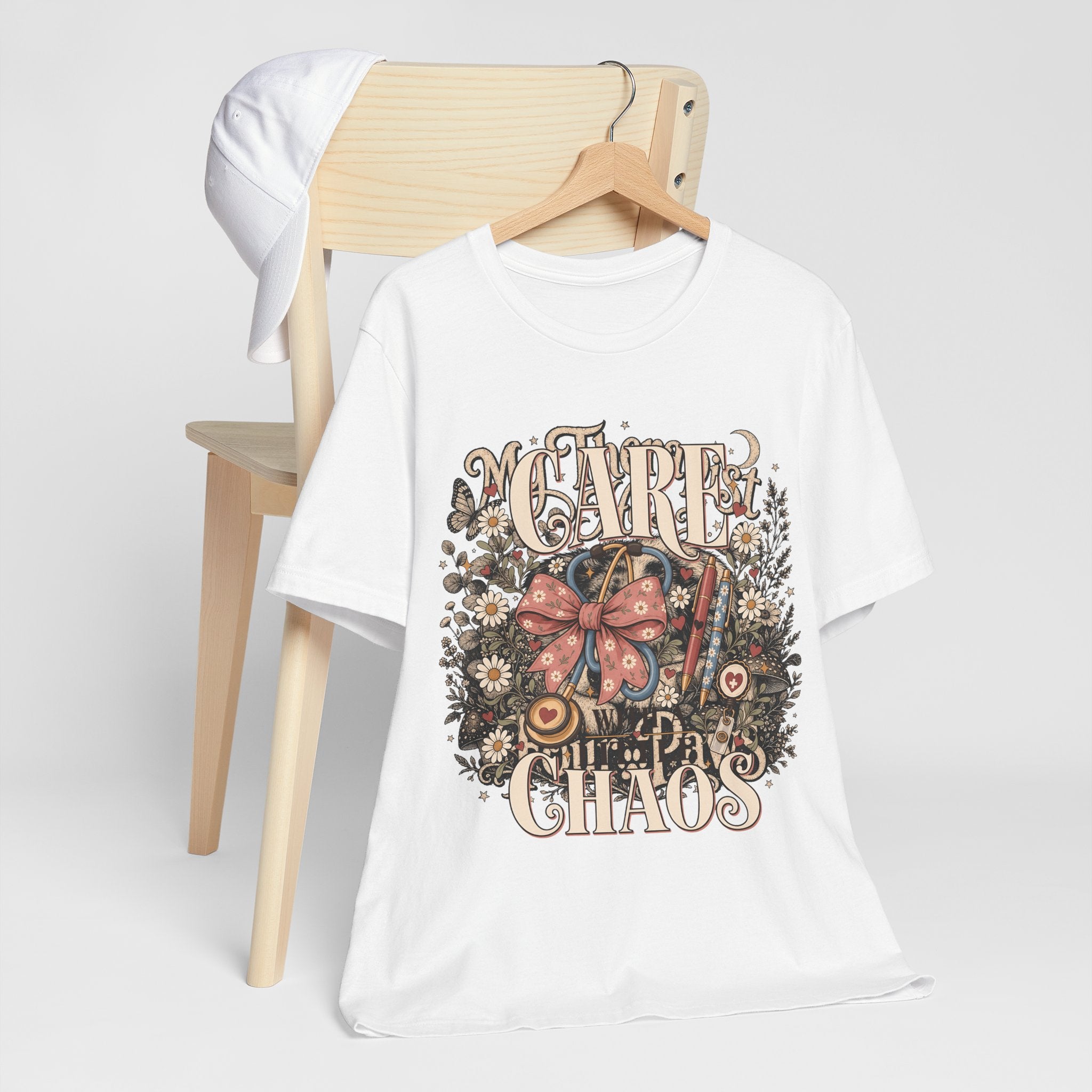 "Care With A Little Chaos" Coquette Nurse T-Shirt — Cute Nurse Graphic Tee