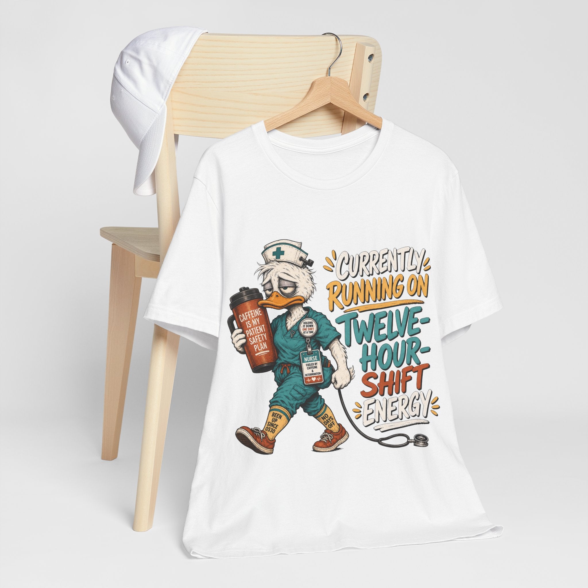 "Currently Running On Twelve-Hour Shift Energy" Nurse T-Shirt — Funny Nurse Graphic Tee