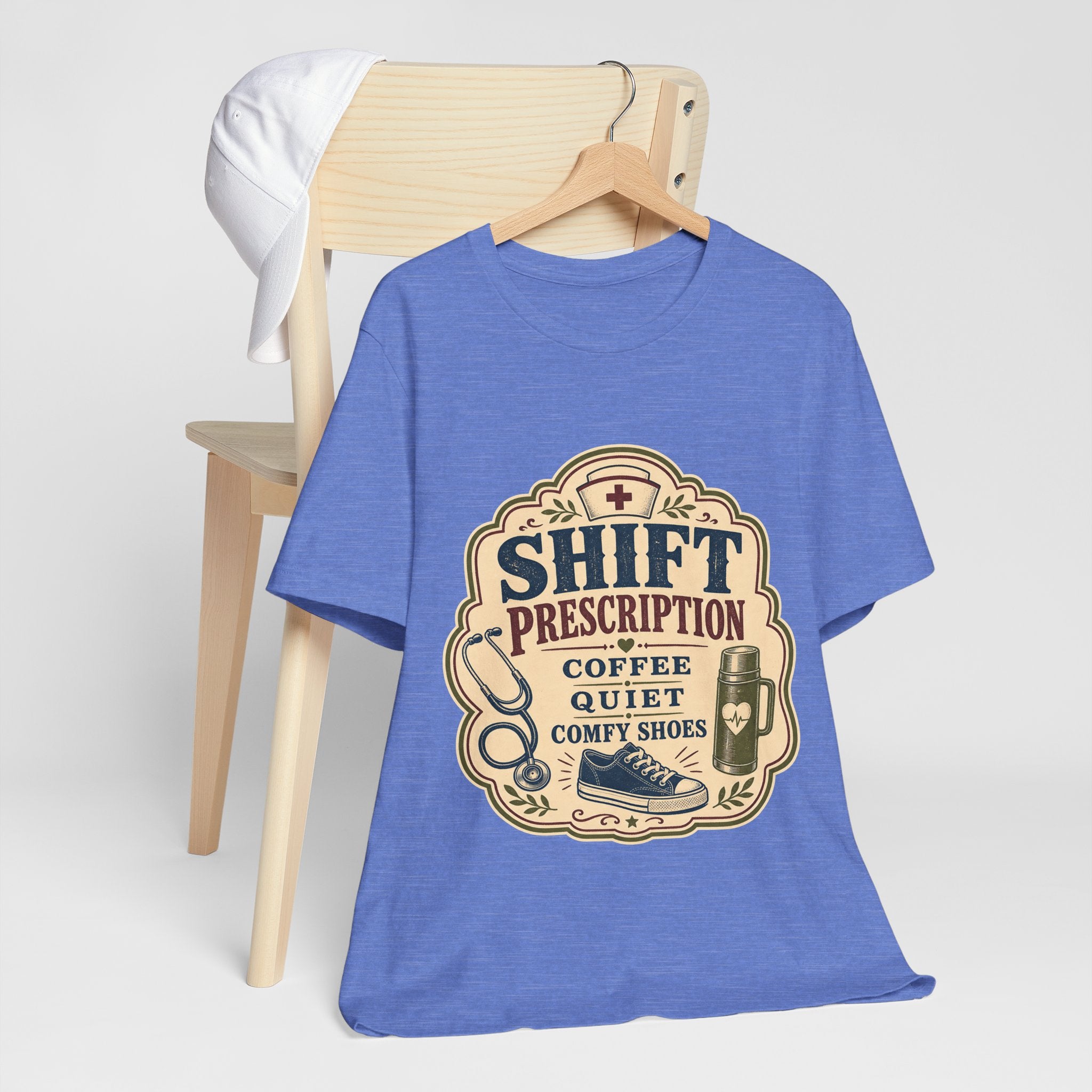 "Shift Prescription: Coffee, Quiet, Comfy Shoes" — Retro Nurse T-Shirt