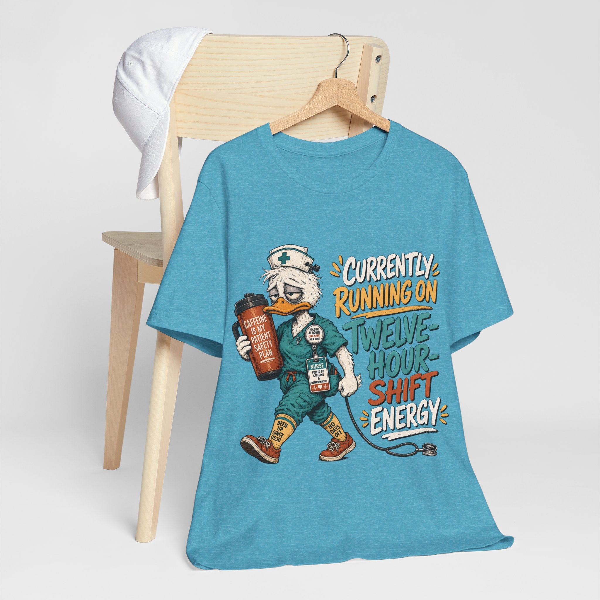 "Currently Running On Twelve-Hour Shift Energy" Nurse T-Shirt — Funny Nurse Graphic Tee