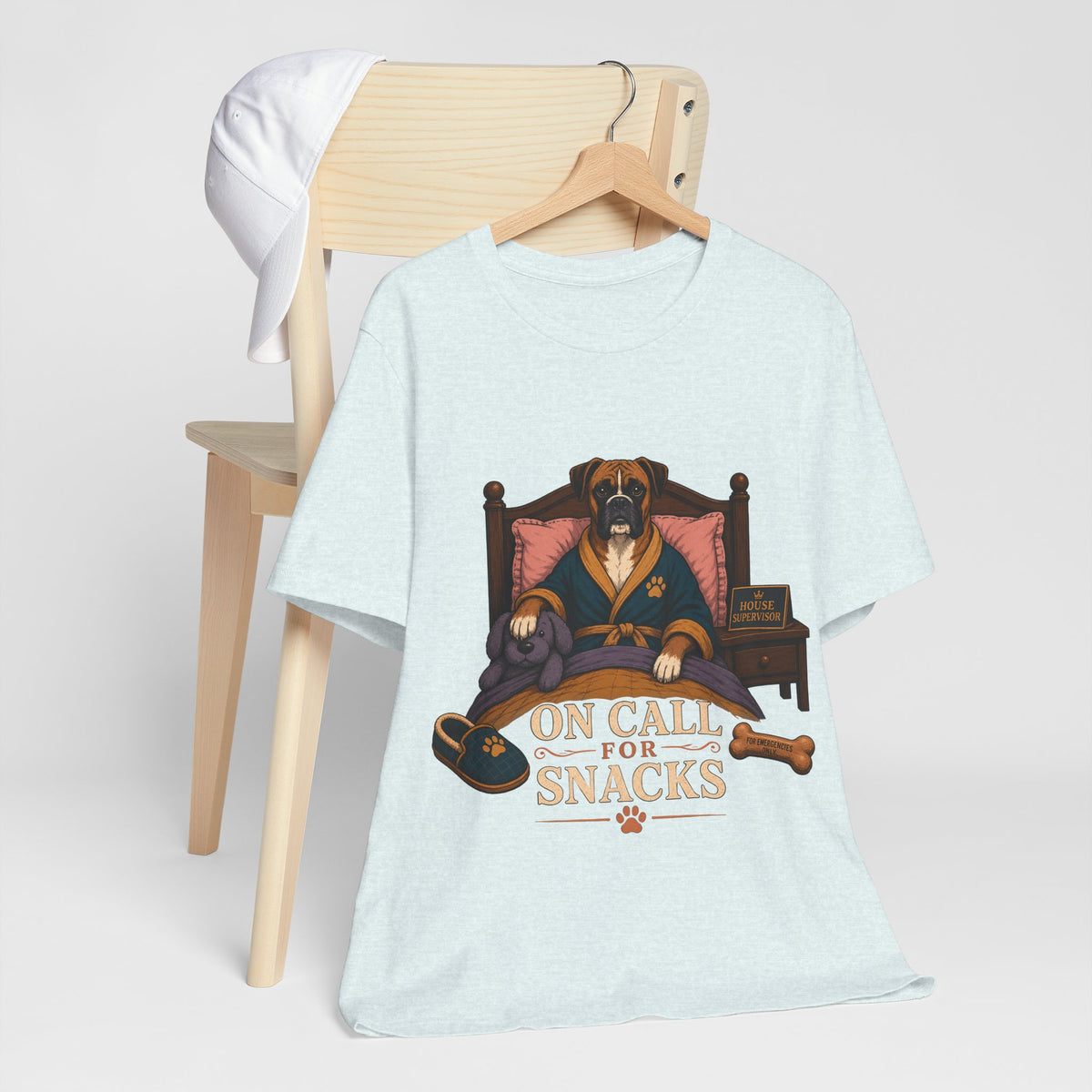 "On Call For Snacks" T-Shirt — Humorous Boxer Dog Graphic Tee