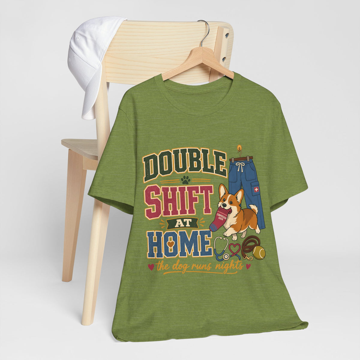 "Double Shift At Home" T-Shirt — Funny Nurse Dog Mom Graphic Tee