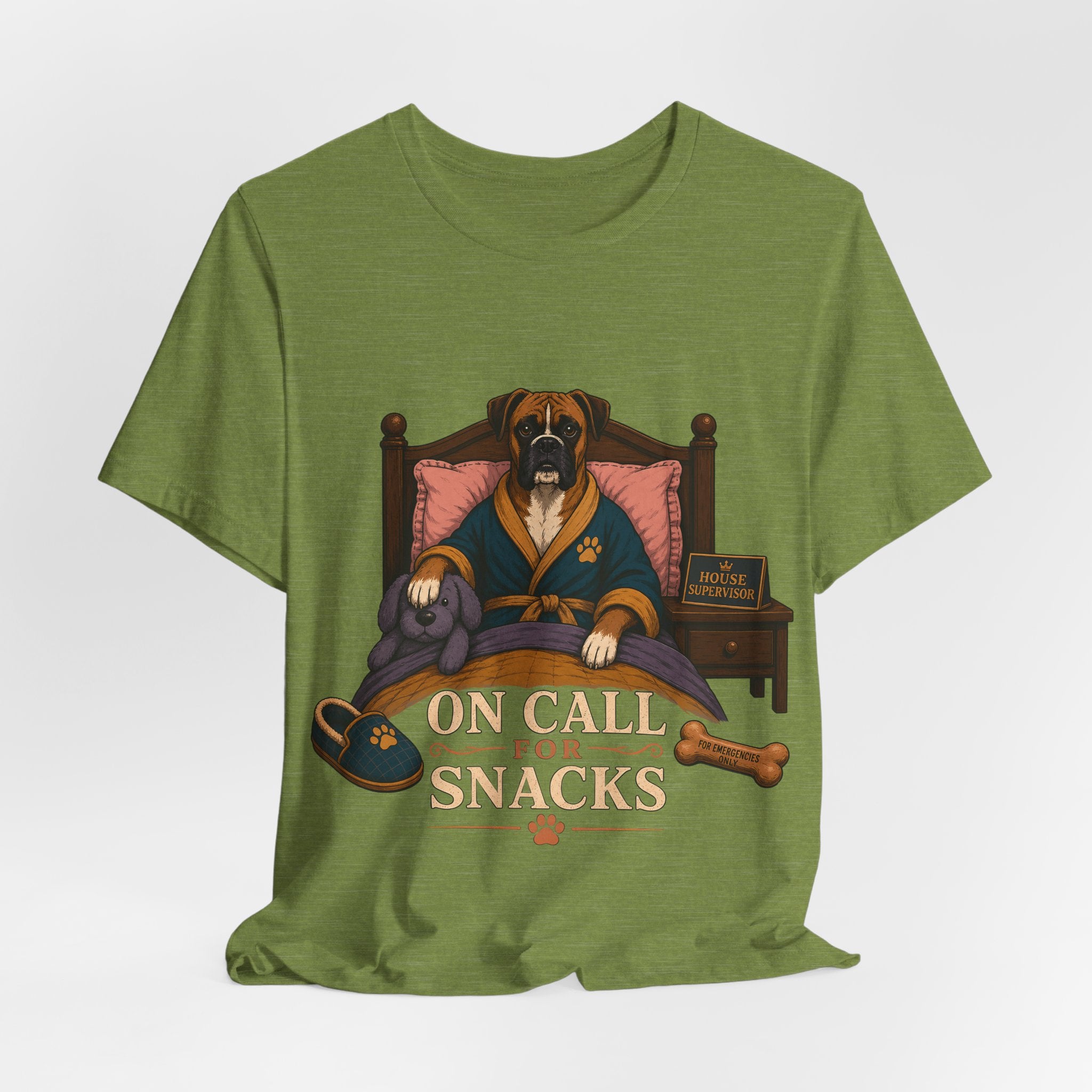 "On Call For Snacks" T-Shirt — Humorous Boxer Dog Graphic Tee