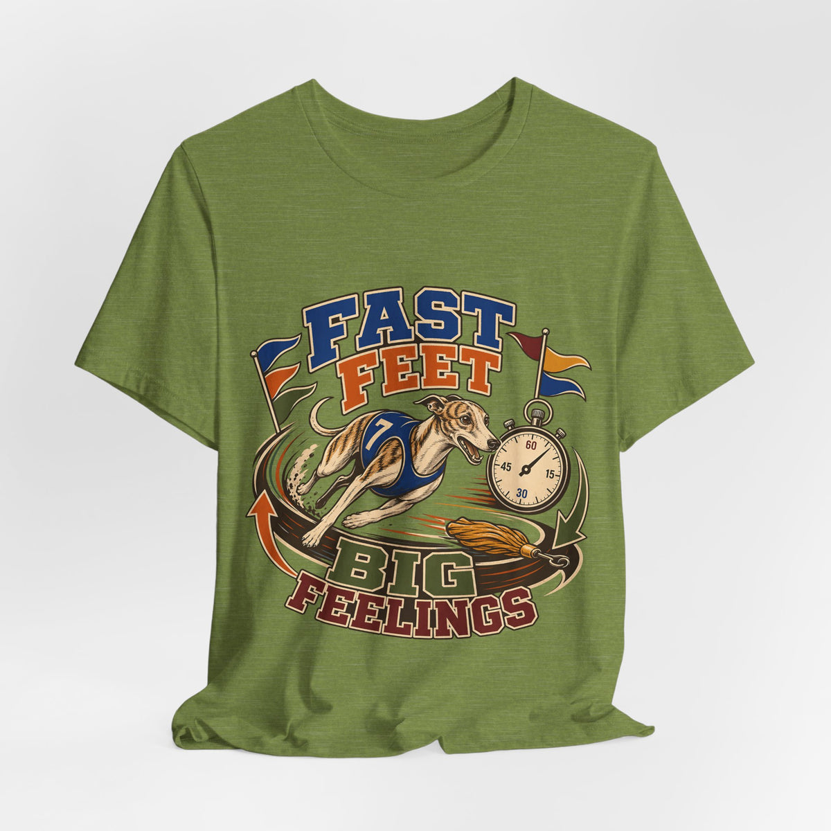 "Fast Feet Big Feelings" T-Shirt — Sporty Vintage Whippet Graphic Tee