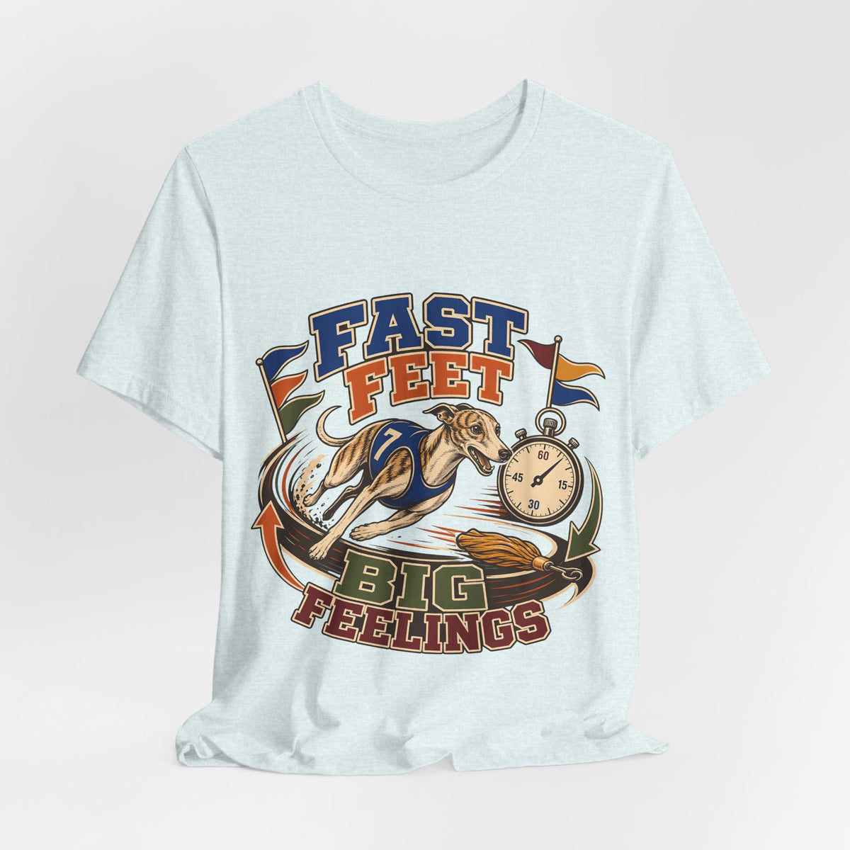 "Fast Feet Big Feelings" T-Shirt — Sporty Vintage Whippet Graphic Tee