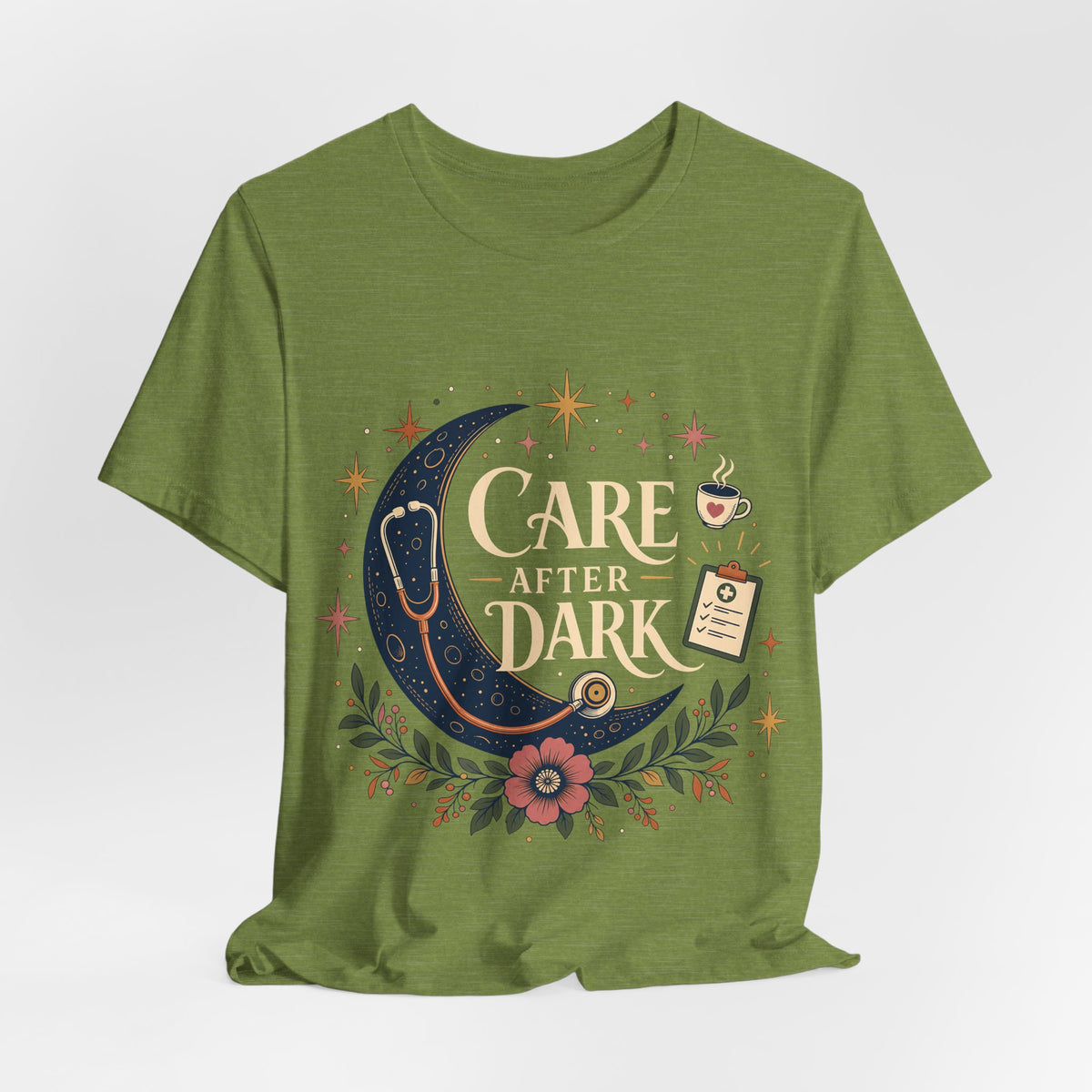 "Care After Dark" Night Shift Nurse T-Shirt — Celestial Nurse Graphic Tee