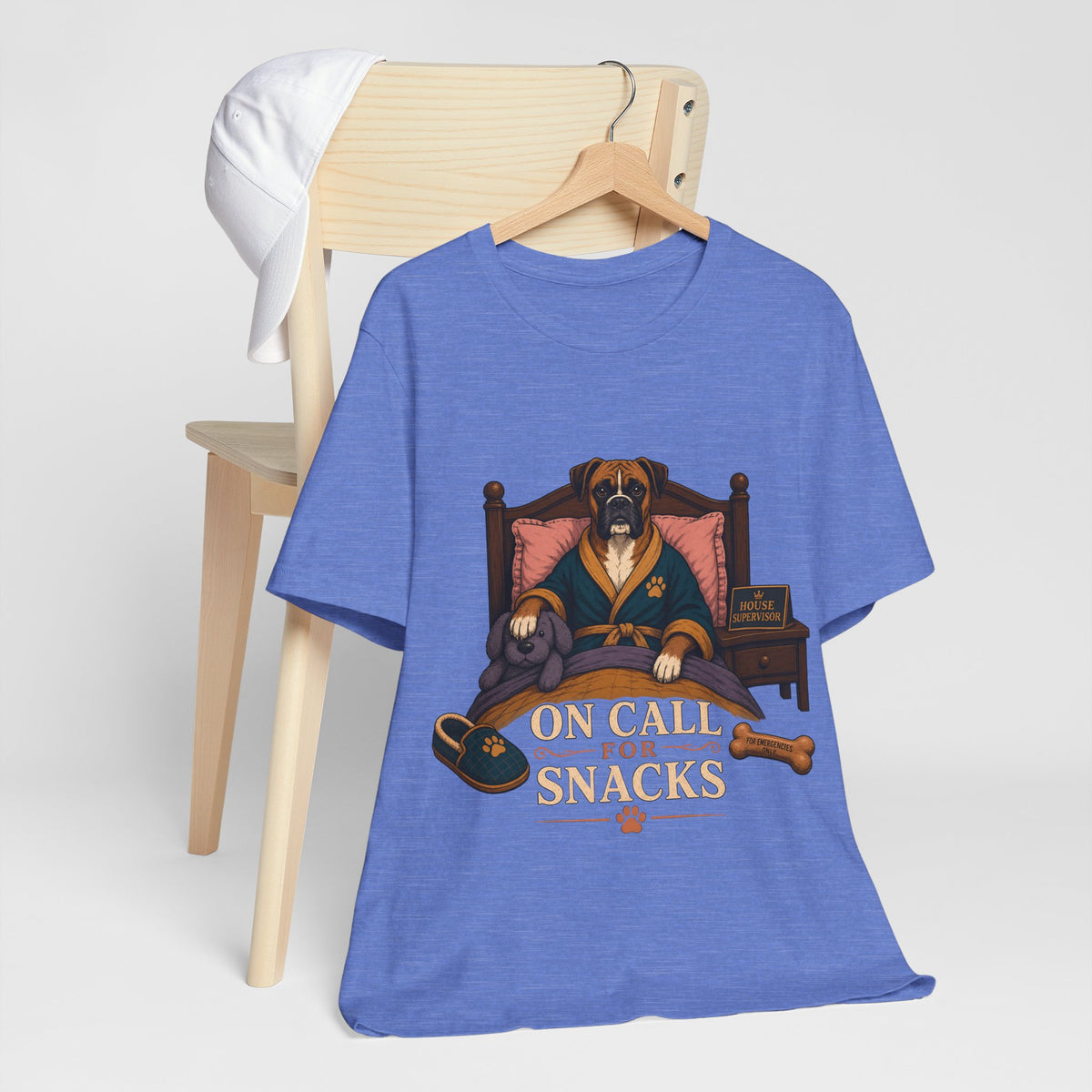 "On Call For Snacks" T-Shirt — Humorous Boxer Dog Graphic Tee