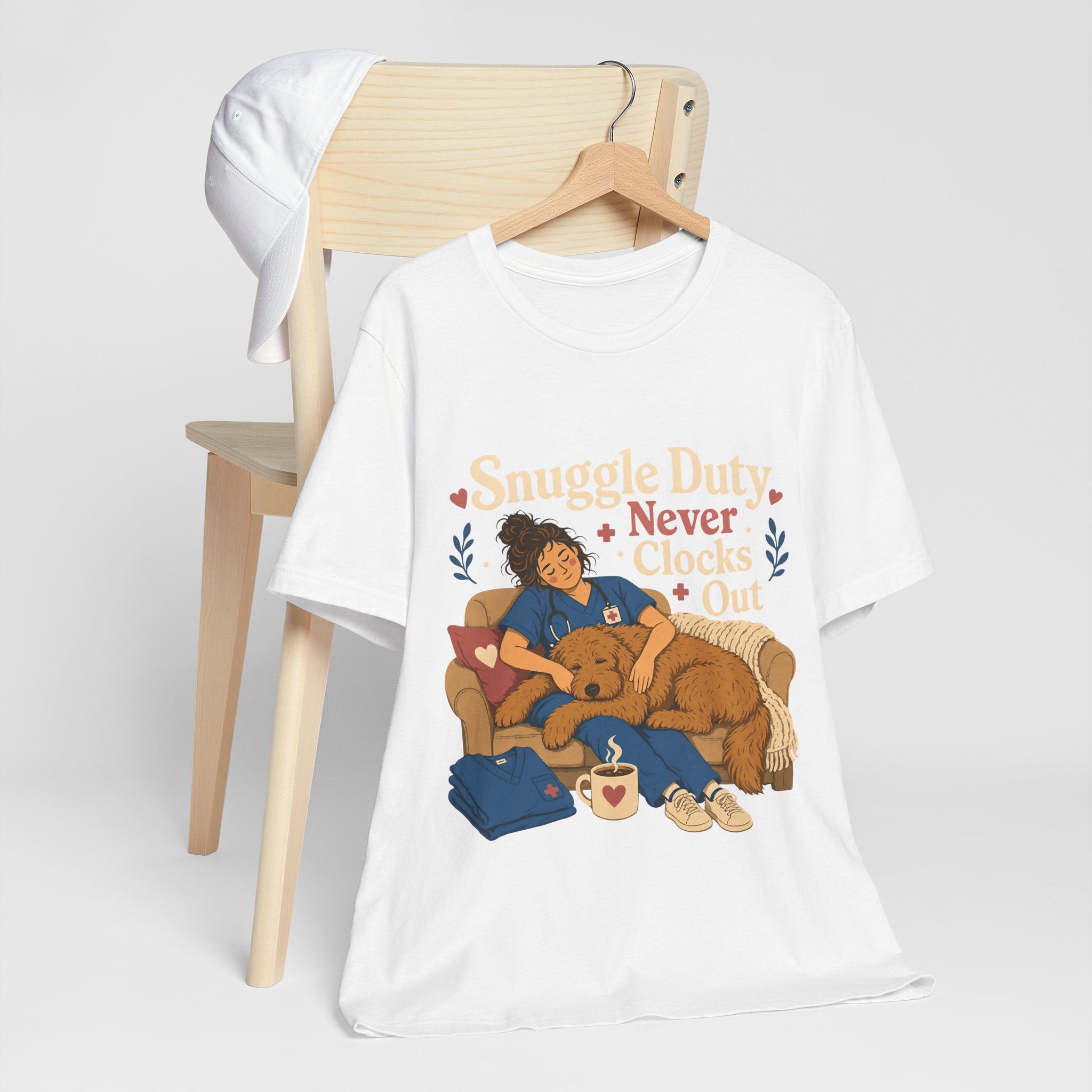 "Snuggle Duty Never Clocks Out" Nurse T-Shirt — Dog Mom Nurse Graphic Tee