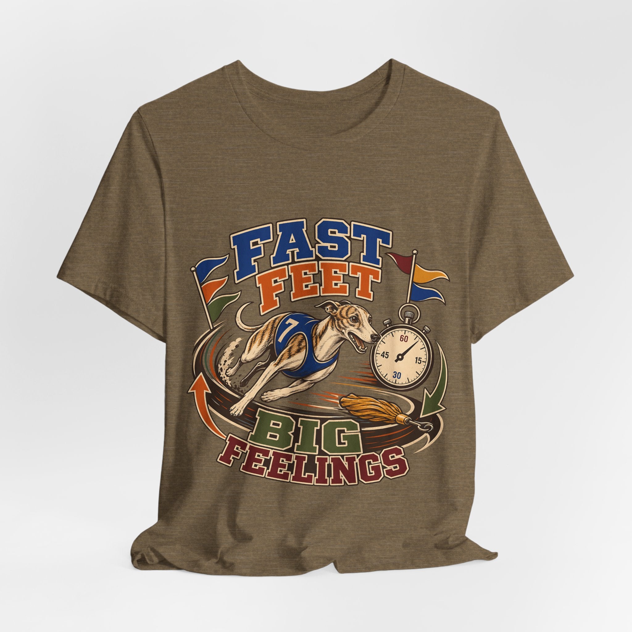 "Fast Feet Big Feelings" T-Shirt — Sporty Vintage Whippet Graphic Tee