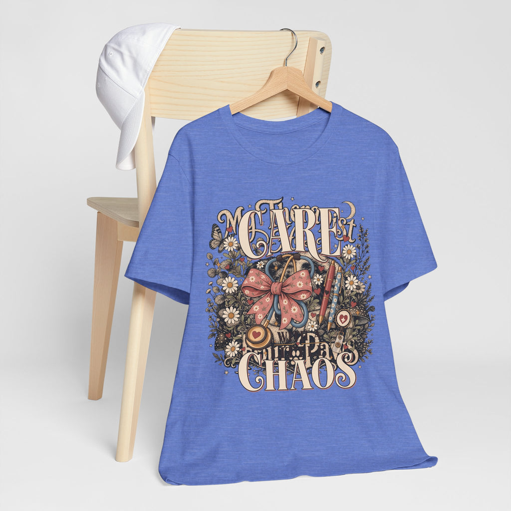 "Care With A Little Chaos" Coquette Nurse T-Shirt — Cute Nurse Graphic Tee